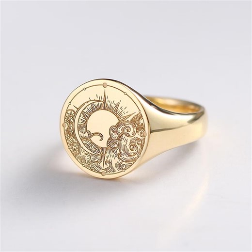 14K Gold Sun Moon Ring, Chinese Cloud Emblem, Western Deity Jewelry - Etsy