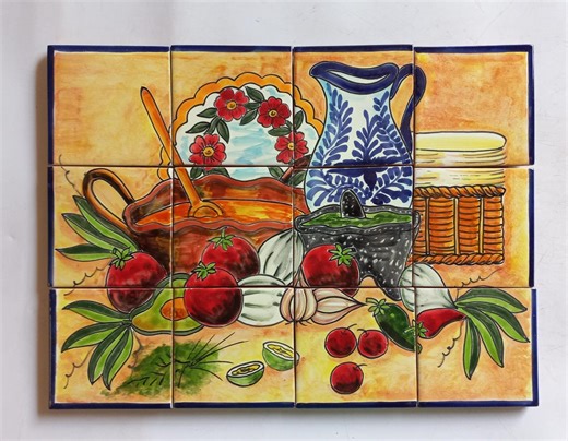 17" CERAMIC TILE MURAL mexican talavera mosaic hand painted backsplash still life