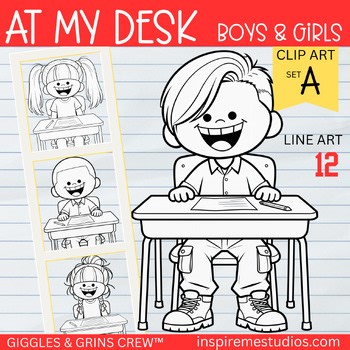 Kids at Desk Clipart Line Art — Classroom Work, School, Students