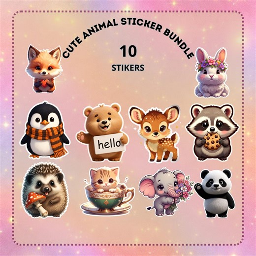Cute Animal Sticker Bundle | 10 Kawaii PNG SVG PDF | Bunny Fox Panda Elephant Cat Hedgehog Raccoon Deer Penguin Bear Clipart - Etsy