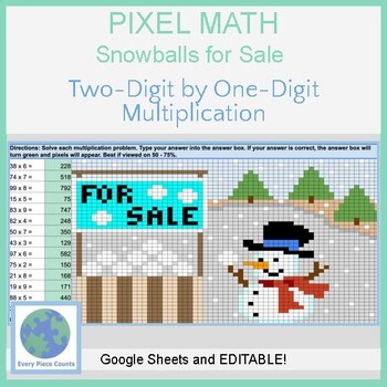 Pixel Art Math - Snowballs for Sale - Two-Digit by One-Digit Multiplication