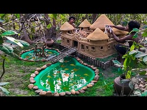 Building Castle Mud Cat House For kittens Abandoned With Red Fish Pond At Forest