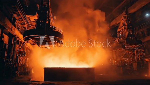 Closeup medium view of a submerged arc furnace in operation producing silicon alloys showcasing bright electric arcs and thick smoke.