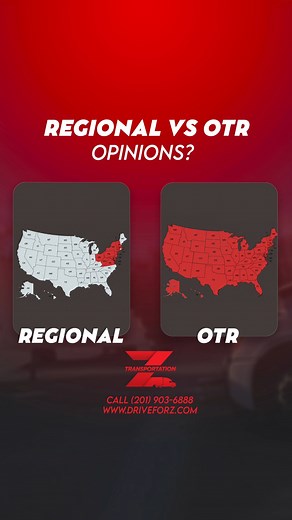 🚚 OTR vs. Regional Truck Driving: What's Your Pick? 🌍 Do you prefer the cross-country adventure of OTR or the steady rhythm of Regional routes? Share your thoughts below! 🗨️👇 #TruckLife #OTRvsRegional #ZTransportation | Drive For Z Transportation