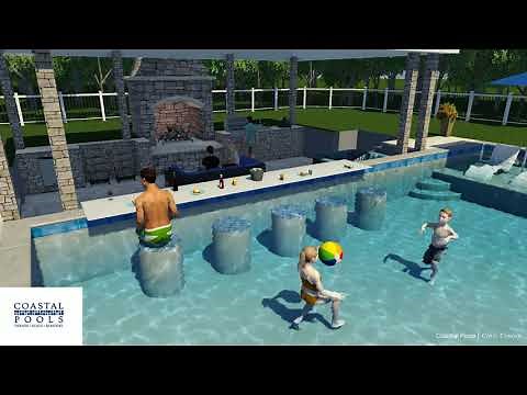 L Shaped Pool with Sunked Outdoor Living Area and Swim Up Bar