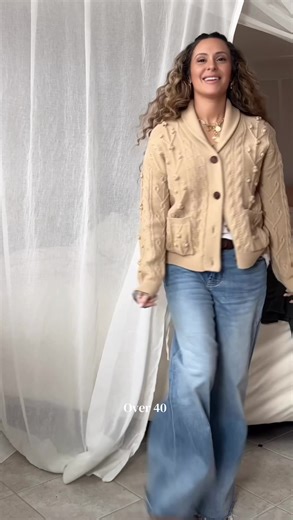 Grandpa cardigan on top, bold jewelry doing all the heavy lifting. It's giving Mr. Rogers softness with a side of statement piece confidence. Cozy outfit ideas, winter layering inspo, over 40 fashion, and the art of pairing chunky knits with big, unapologetic accessories. If it sparkles and it's oversized, it belongs with this sweater. #over40 #over40club #over40mom #over40andfabulous #over40tiktok