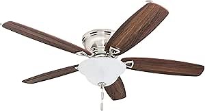 Honeywell Ceiling Fans Glen Alden, 52 Inch Classic Flush Mount Indoor LED Ceiling Fan with Light, Pull Chain, Quick-2-Hang Dual Finish Blades, Reversible Motor - 50519-01 (Brushed Nickel)