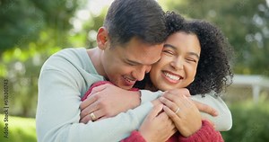 Love, smile and a married couple hugging in the garden of their home together for romance during summer. Spring, dating and smile with happy young people in the backyard while bonding in the day
