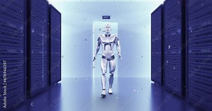 Futuristic Android Robot Walking In A Server Room Hallway. Technology Related 3D Animation.
