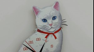 White Cat Pendulum Wall Clock With Moving Tail - Swinging, Funny, Cute - Gift for Cat Lovers