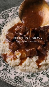 Beef Tips & Gravy (low-carb/gluten-dairy-free) https://healthylittlepeach.com/beef-tips-gravy-over-cauliflower-mash/ #southerncooking #glutenfree #dairyfree #healthydinner #beeftips #crockpotdinner | Healthy Little Peach