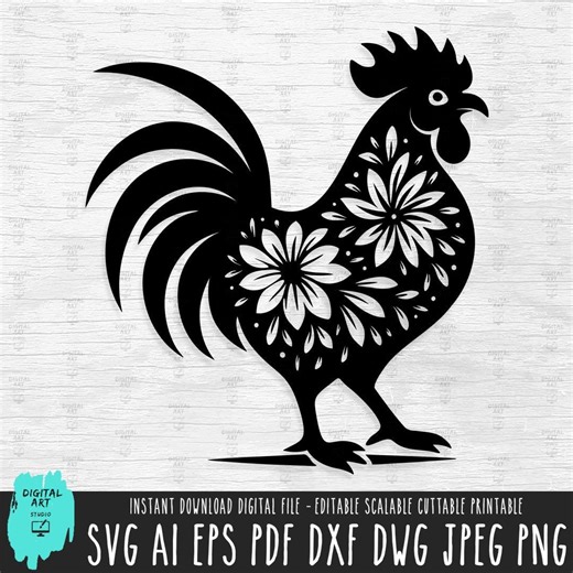 Rooster With Flowers Chicken Farm Animal Silhouette SVG, Vector Cut Files (digital Download) - Etsy