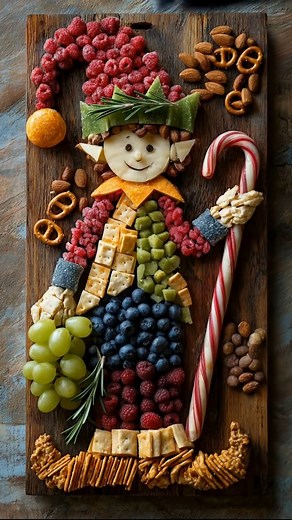 Elf Charcuterie Board idea Ingredients: Raspberries (for the hat) Kiwi (for the clothes) Dried kiwi (for the hat) Small crackers (for the body and clothing details and shoes) Blueberries (for the legs and arms) Green grapes (for the shoes and other details) Cheese (for the face and ears) Black olives (for the eyes and mouth) Round cheddar cheese (can be orange, for the sun-shaped collar) Soft cheese (cream cheese or mozzarella) (to assemble crackers into hand shapes) Elf Charcuterie Board Step: 