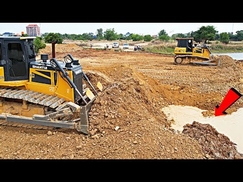 Huge Project Landfill with SHANTUI Bulldozer Skills and Heavy Dump Trucks pouring soils