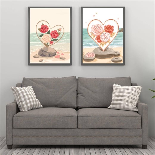 Romantic Heart Wall Art Set of 2, Pink and Red Rose Love Art - Etsy