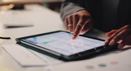 Data analysis, scroll and hands of woman with tablet, business plan...