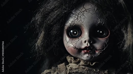 Dramatic, high-contrast close-up of a cracked creepy doll staring from the dark prison of shadows.