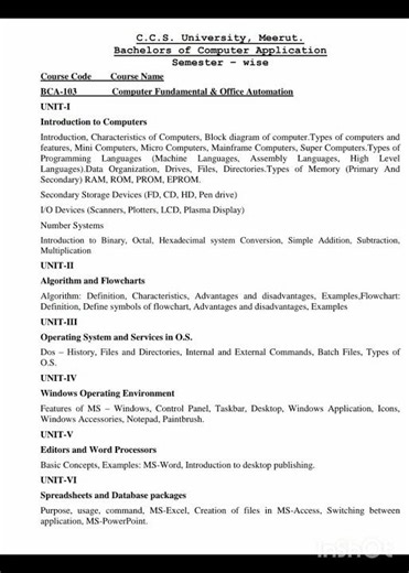 BCA 1 semester syllabus 2025. #exam #college exams #studies today