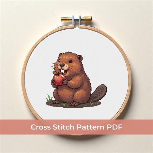 Cute Beaver Eating Apple Cross Stitch Pattern PDF, Woodland Animal Embroidery Design, Modern Pixel Art Needlework, Nature Lover Gift Idea - Etsy
