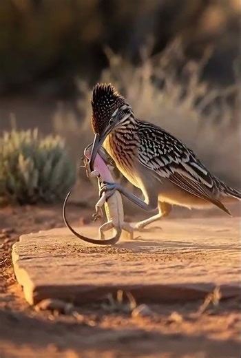 Roadrunner Smashes Lizard on Desert Rock