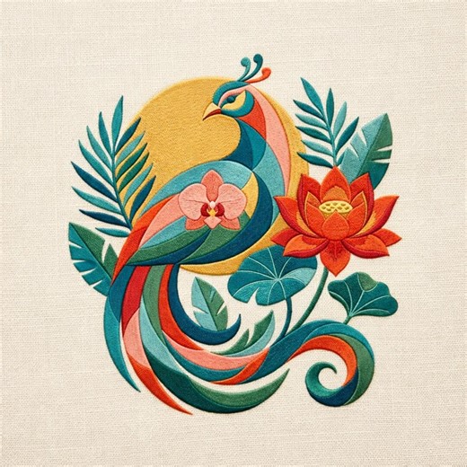 Peacock embroidery pattern lotus tropical bird oriental decorative art stitch download