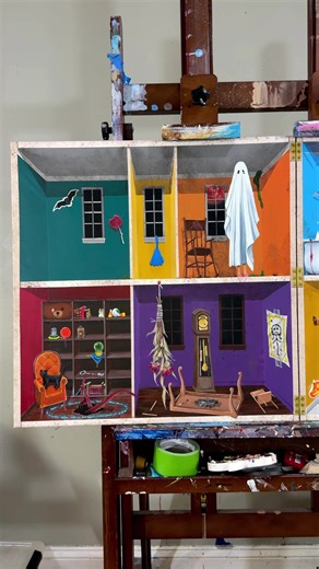 Creepy Dollhouse Painting with Unique Hand Detail