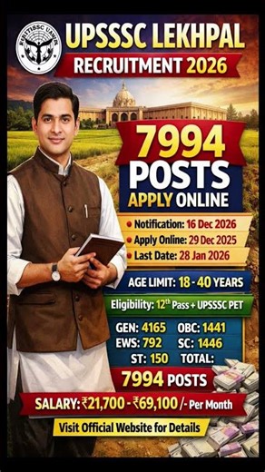 UPSSSC Lekhpal Recruitment 2026 | 7994 Post | Apply Online | Age, Fee, Salary | PET 2025#shorts