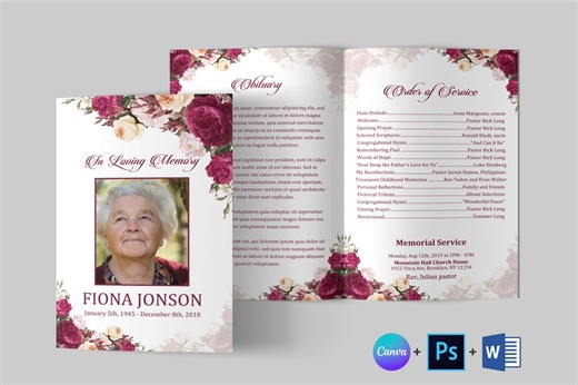 Floral Funeral Program Template: Bifold Memorial (canva, Word, PSD) - Etsy