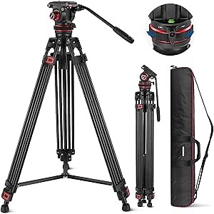 NEEWER 74" Video Tripod with Adjustable Damping Fluid Head, Metal Heavy Duty Dual-Mode QR Plate Compatible with DJI RS Gimbals, Flexible 360° Pan&+90°/-75° Tilt, Max Load 22lb/10kg, TP75