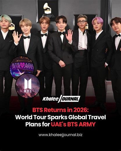 After three years away, the group announces a massive 79-show world tour starting April 2026.🌍🎤💜 With no regional dates yet, UAE ARMY are already planning trips abroad. This comeback is bigger than ever. @bts.bighitofficial #BTS #BTSTour2026 #BTSWorldTour #UAEARMY #KpopNews #ARMYForever #BTSComeback #KpopTour #Weverse #MusicWorld | Khaleej Journal
