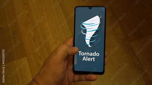 “Tornado Alert”, a weather warning on the smartphone screen. Natural phenomenon notification, high risk warning.