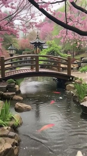 Springtime in a Japanese Garden #travel #relaxing #garden #flowers #fish #stream #koi #bridge