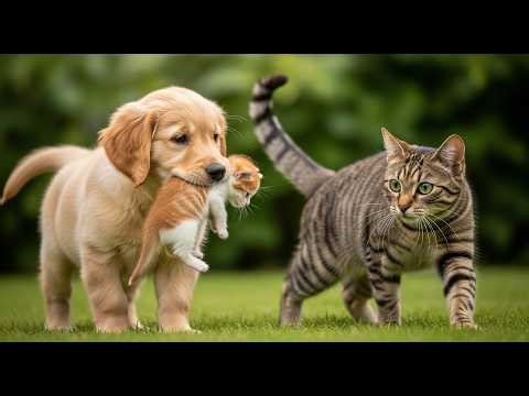 Golden Retriever Puppy “Steals” a Kitten — Then the Mother Cat Shows Up! (Unexpected Moment)