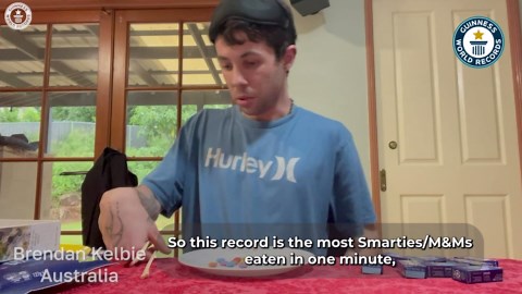 New world record, most M&Ms eaten blindfolded in one minute