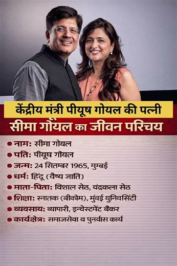 केंद्रीय मंत्री पीयूष गोयल की पत्नी सीमा गोयल का जीवन परिचय‼️ biography of Seema#ytshorts #gk#ias