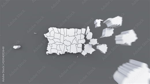Puerto Rico political map animation with assembling regions on gray background