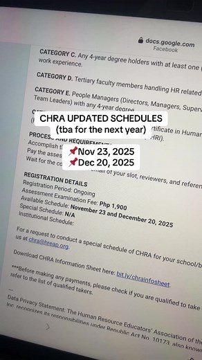CHRA UPDATED SCHEDULE (tba for the next year) 📌Nov 23, 2025 📌 Dec 20, 2025 Registration: bit.ly/chrabyhreap CHRA Reviewer: visit the link on my bio #certification #humanresources #certifiedhumanresourceassociate #chra #reviewer