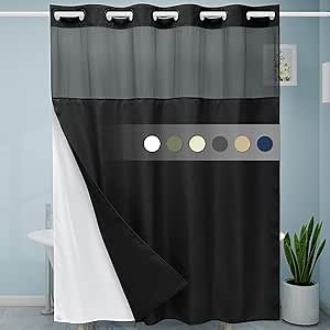 Black Shower Curtain with Liner - 230GSM Waffle Textured Heavy Duty Shower Curtains for Bathroom,71W x 74H