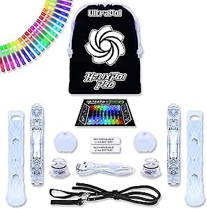 UltraPoi HelixPoi Pro Set – Rechargeable LED Poi w/ 50+ Color Modes – Spinning Light Flow Toys w/LED Knob Handles, Soft Cases & Adjustable Leashes – Visual Poi for Rave, Parties & Performance