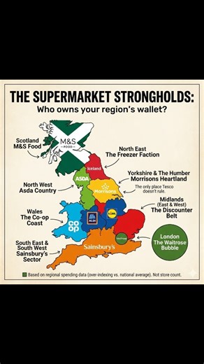 Tell me your postcode, and I’ll tell you where you buy your milk. 🛒🇬🇧 ​We tend to think of the UK as one big Tesco nation. But when you drill down into regional spending habits and brand loyalty, a tribal map emerges. ​This isn't just about who has the most stores; it's about who owns the territory. ​The Battle Lines: ​🥑 The Waitrose Wall: London and the Home Counties live up to the stereotype. The data shows a massive spike in premium spending inside the M25. The "Avocado Curtain" is real. 