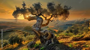 An ancient olive tree with gnarled trunk and branches stands atop a hill at dusk.
