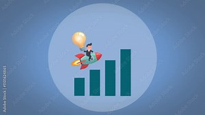 Income increasing graph, animation of businessman riding a rocket flying over the increasing graph and launching the rocket high into space