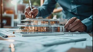 Design in Progress: An Architect's Hands Perfecting a Detailed Model Home with Precision.Architect perfecting model home.