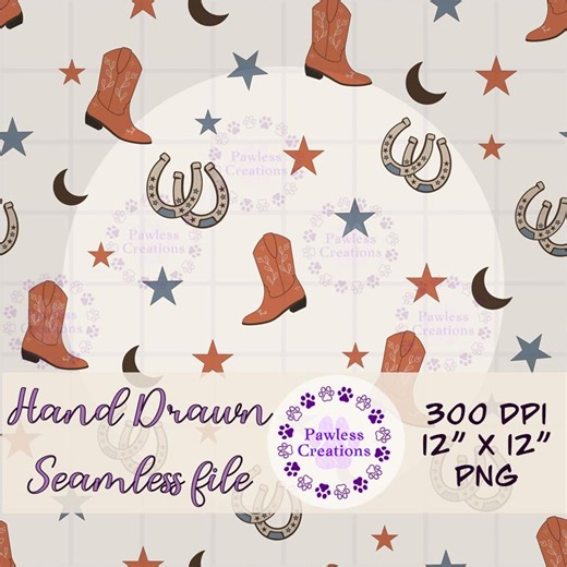 Western Digital Pattern Download Cowboy Boot Design Country Themed Background Rodeo Horseshoe Star Moon Craft Supply Scrapbook Paper