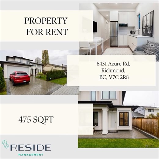 Reside Management on Instagram: "Address: 6431 Azure Rd, Richmond, BC, V7C 2R8 Size: 475 sqft Building Type: House Furnished: Yes Bedrooms: 1 Bathrooms: 1 Max Occupancy: 2 Balcony: 0 Floor: 1st floor Storage Room: 0 Parking: Street Utilities included: Water + Electricity + Internet *Tenant is responsible for all other utilities such as Cable, etc. Pet: No Smoking: No Sublease & Subletting: No Overview: - Fridge - In-suite laundry and dryer - Small Microwave - Stove - A/C Nearby Transit: - BUS: 4