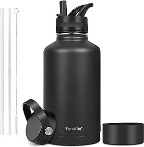 64oz Water Bottle with Straw - Half Gallon Vacuum Insulated Stainless Steel Water Bottles with 2 Lids - Large Reusable Insulated Travel Mug/Flask, BPA-Free, Leakproof - Black
