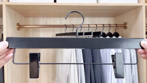 TOPIA HANGER Black Wooden Pants Hangers, Wood Skirt Hangers with Clips, Deluxe Jeans Hanger with 360° Swivel Anti-Rust Flat Hook, Smooth Finish Wood Hangers for Slacks Trousers 20 Pack, CT03B