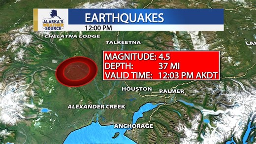 Did you feel it? Preliminary data from the Alaska Earthquake Center shows a M4.5 earthquake struck just after noon, 5 miles south of Skwentna, 37 miles west of Willow. | Melissa Frey