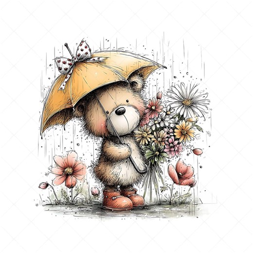 15 Whimsical Spring Woodland Animals Clipart JPG | Forest Animals With Flowers and Rains - Etsy