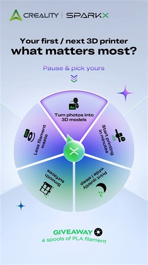 If this is your first 3D printer — or your next upgrade… Tap to stop 👆 Did the wheel land on the one you wanted? Everyone’s looking for something a bit different, and we hope SPARKX i7 feels like the right fit for you! 💬 Drop a comment and tell us what you think! 🎁 We’ll pick 3 lucky winners across all platforms. Each winner gets 4 spools of PLA filament. 👉Learn more about SPARKX i7: https://to.store.creality.com/sparkx-i7-combo #SPARKXi7 #SPARKX #creality #3Dprinter #3dprinting | Creality
